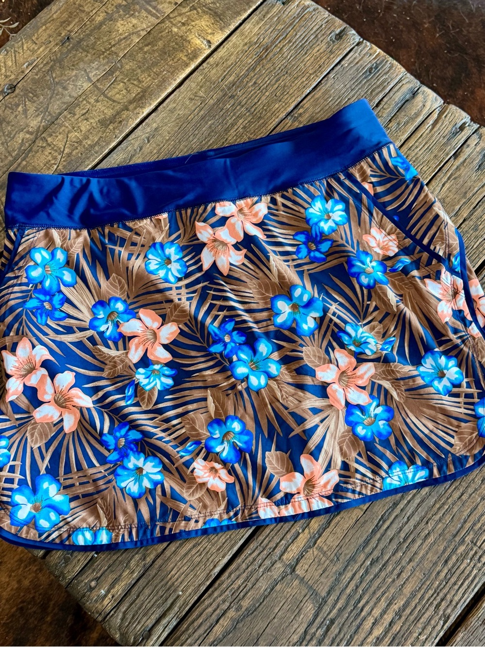 Lands End Swim Skirt Skort Floral Navy Blue & Peach Tropical - Women’s Size 14